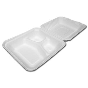 Bagasse 3 Compartment Folding Take Out Container - 8" x 8" x 3"