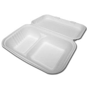 Bagasse 2 Compartment Folding Take Out Container - 9" x 6" x 2.5"